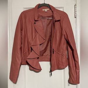 Miami Pink faux Leather Jacket with Ruffle Details